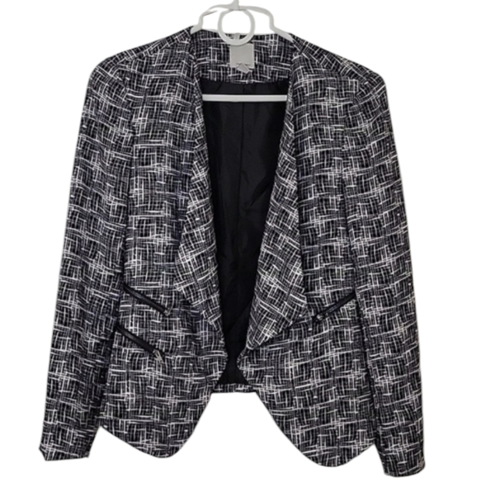 Halogen Blazer Jacket Black White Abstract Longsleeve Open Front Women's S